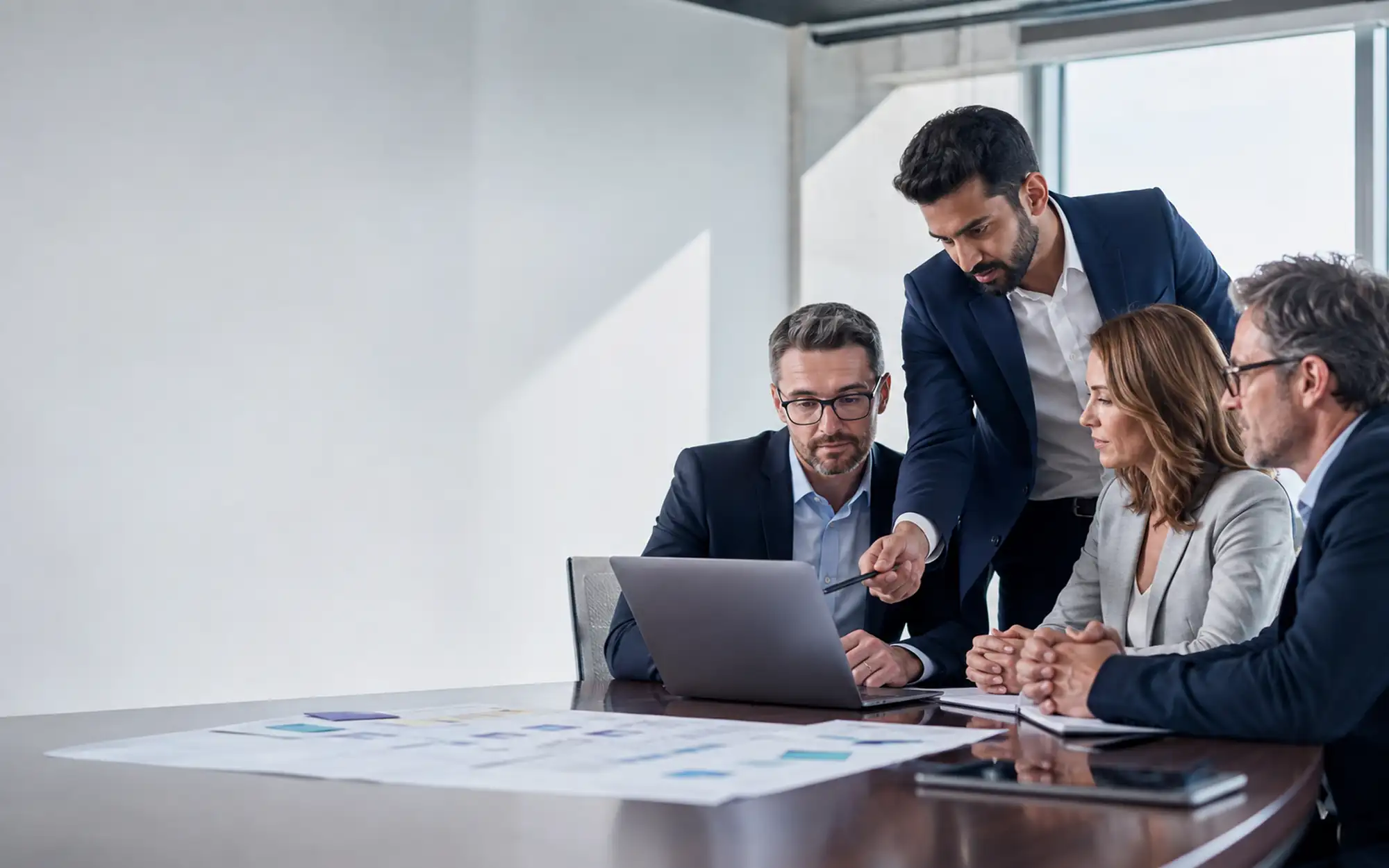 Equipo empresarial revisando procesos y soluciones digitales.