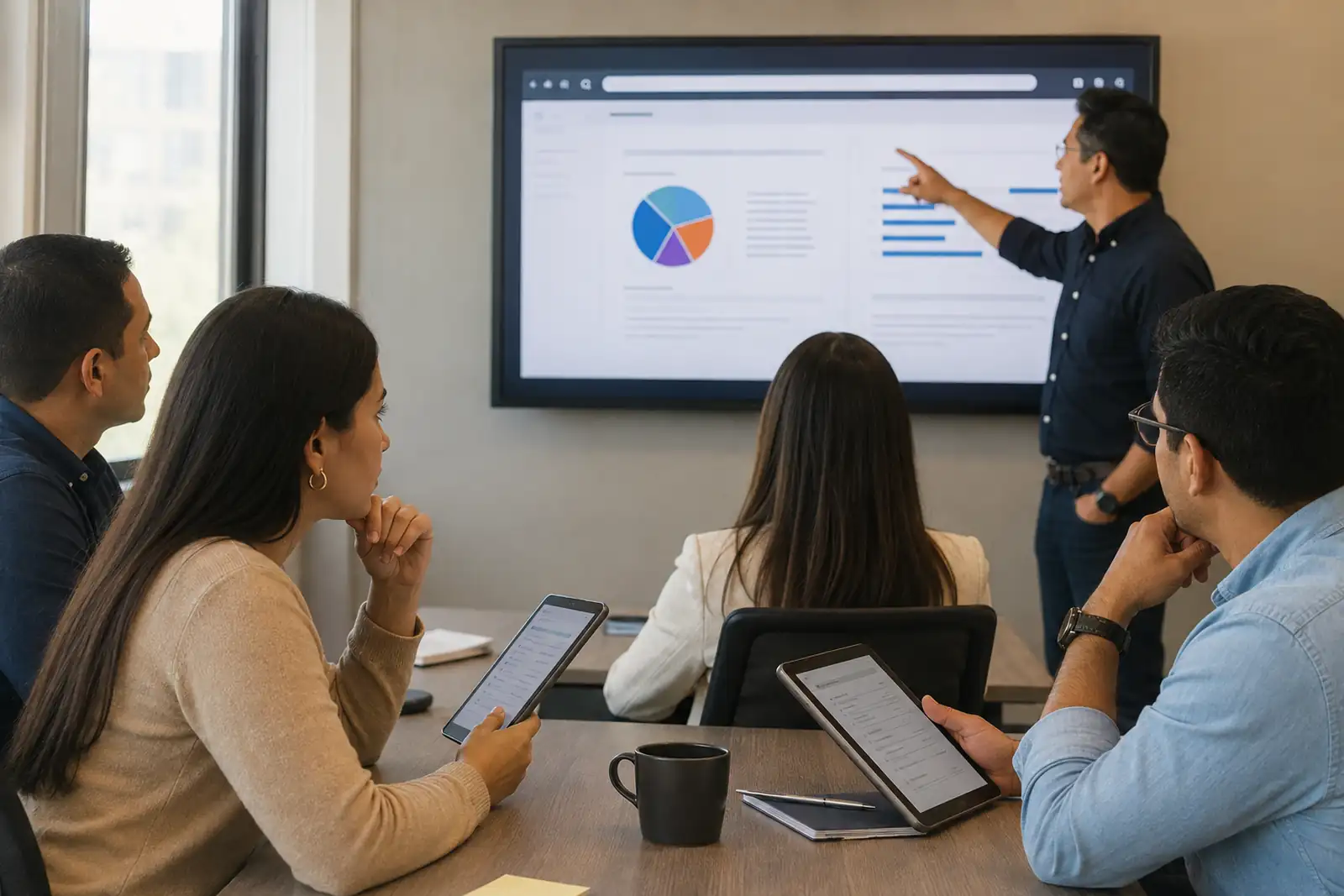 Profesionales participando en formación empresarial apoyada por una plataforma digital.