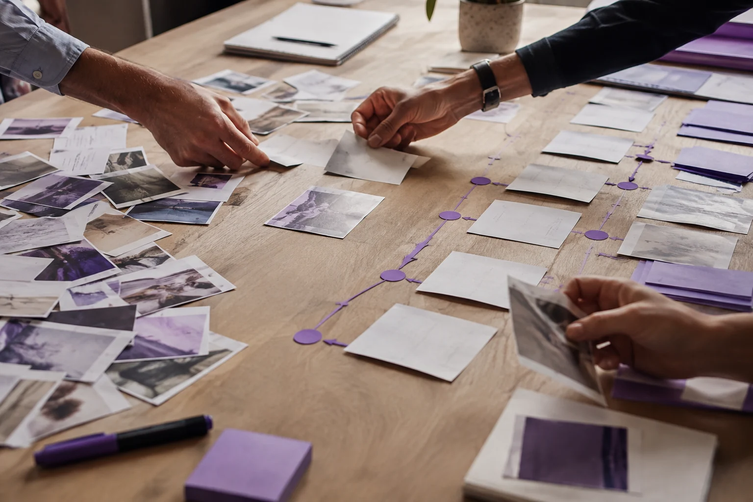 Personas organizando decisiones y etapas de un proceso sobre una mesa de trabajo.